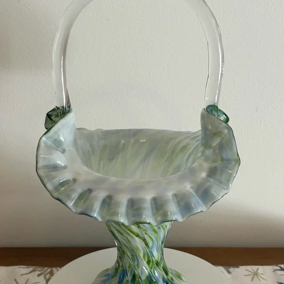 Elegant Fenton Green, Blue and White Glass Bridal Basket - Picture 6 of 6